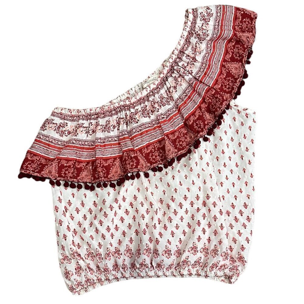 One Shoulder Boho Top w/Tassles by Living Doll Red & Pink Floral print size smal